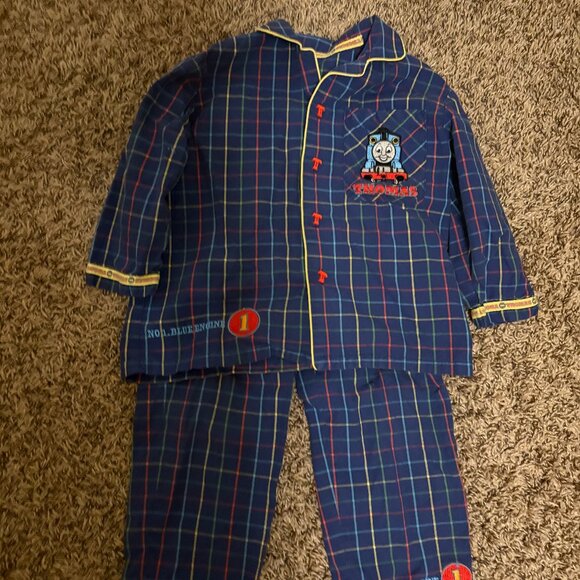 Thomas The Tank Engine Pajama Set 2-3 Dark Blue Plaid Button Front Mothercare - Picture 1 of 3